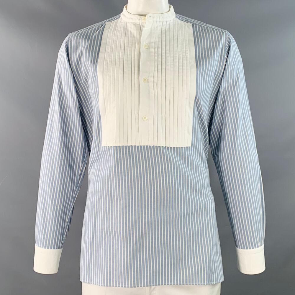 NEEDLES Size L Blue White Stripe Cotton Pleated Bib Collarless Long Sleeve Shirt